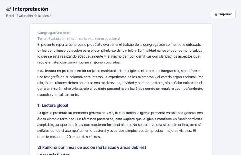 Ejemplo de reporte de interpretación pastoral de SIGID: texto redactado con la lectura global de la congregación y sus líneas más fuertes y débiles.